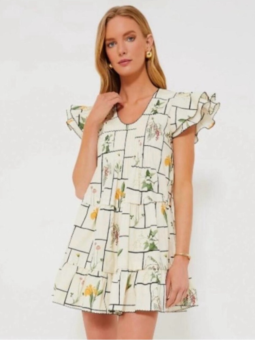 Tuckernuck Fresher Buds Alice Floral Grid Ruffle Sleeve Mini Dress